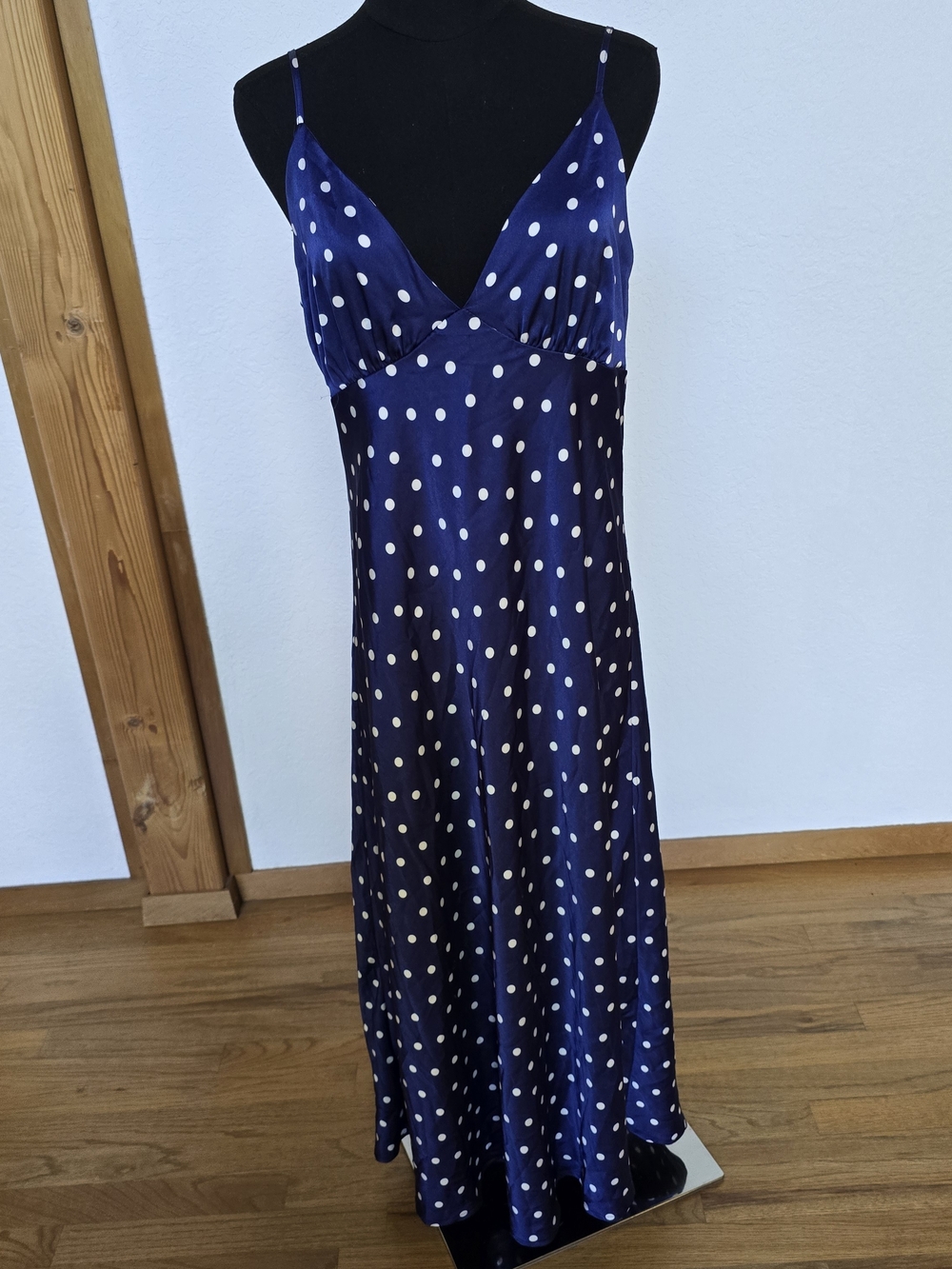 Navy Polka Dot Satin Maxi Slip Dress